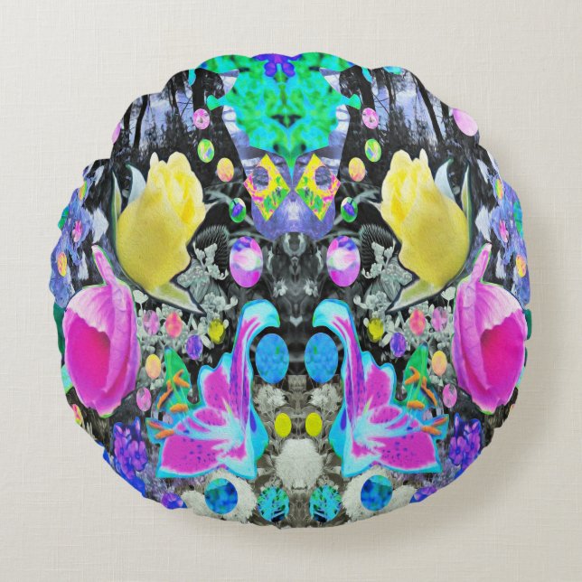 Stargazer-lilja, ros och rosa hibiskus collage rund kudde (Framsidan)