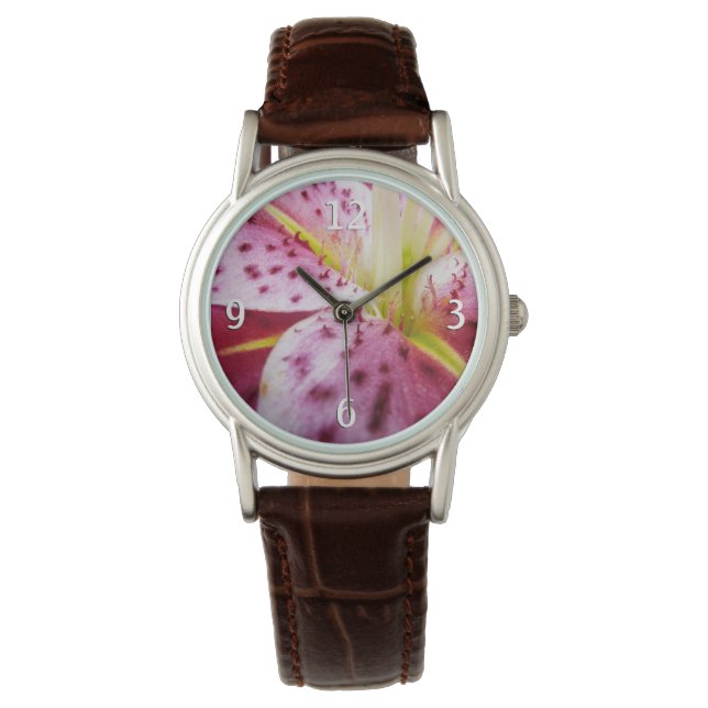 Stargazer Lily Bright Magenta Blommigt Armbandsur (Framsida)