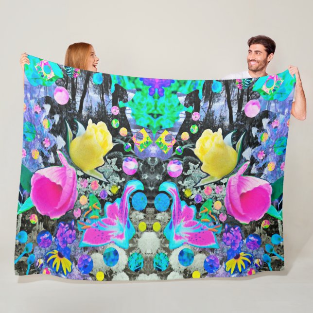 Stargazer Lily, Ro och Rosa Hibiscus Collage Fleecefilt (På plats)