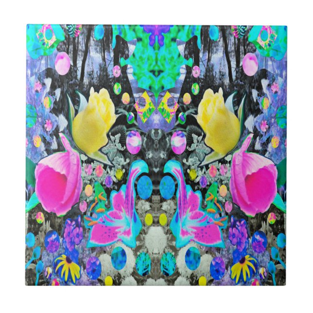 Stargazer Lily, Ro och Rosa Hibiscus Collage Kakelplatta (Framsidan)