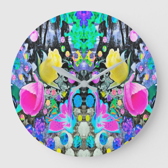 Stargazer Lily, Ro och Rosa Hibiscus Collage Stor Klocka (Framsida)