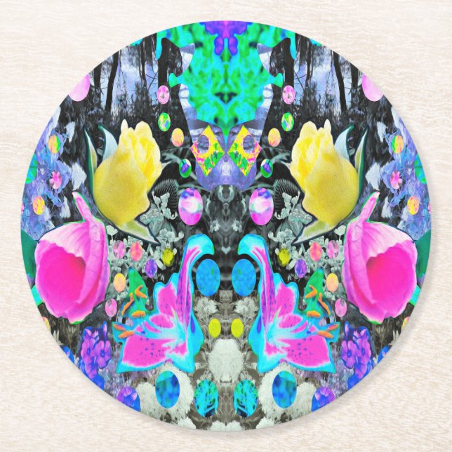 Stargazer Lily, Ro och Rosa Hibiscus Collage Underlägg Papper Rund (Framsidan)