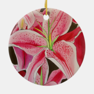 Stargazer Rosa Lily vattenfärgsoriginalkonstblomma Julgransprydnad Keramik
