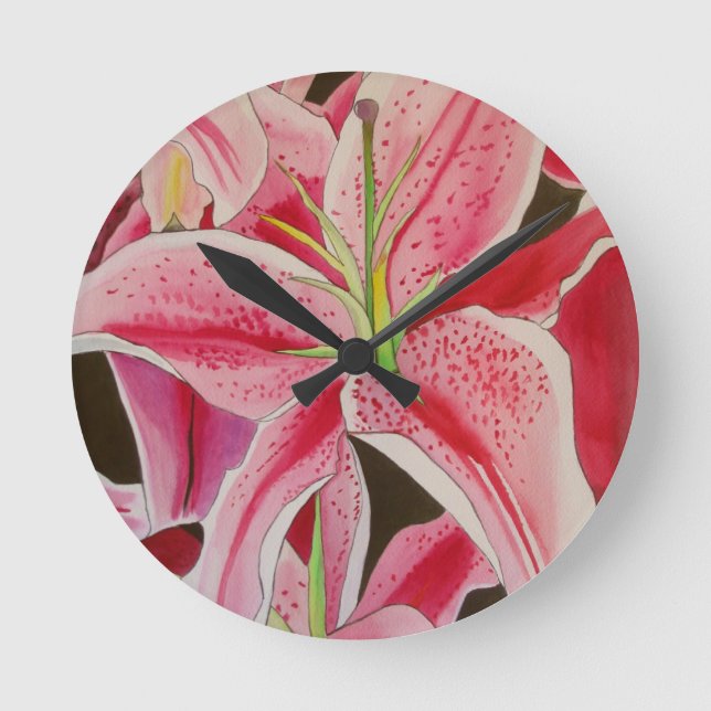 Stargazer rosa lily water art blomma rund klocka (Framsida)