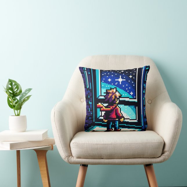 Stargazer vid Window Dreamy Pixel Art Night Himmel Kudde (Stol)