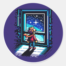 Stargazer vid Window Dreamy Pixel Art Night Himmel Runt Klistermärke