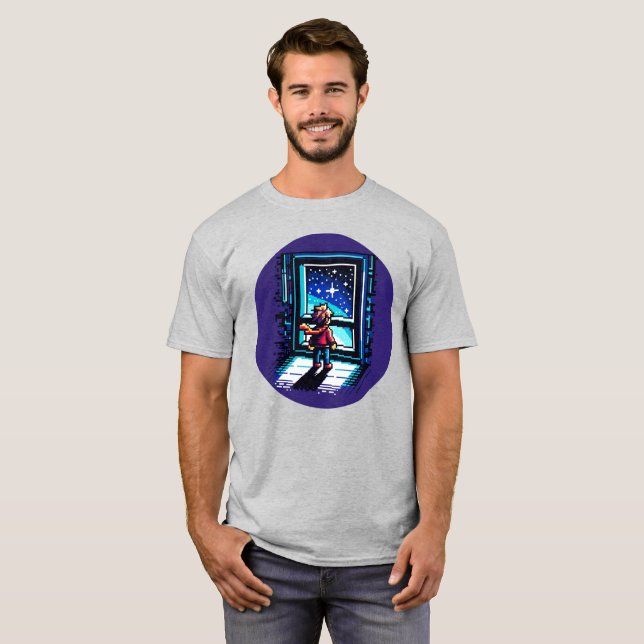 Stargazer vid Window Dreamy Pixel Art Night Himmel T Shirt (Hel framsida)