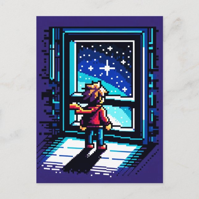 Stargazer vid Window Dreamy Pixel Art Night Himmel Vykort (Framsida)