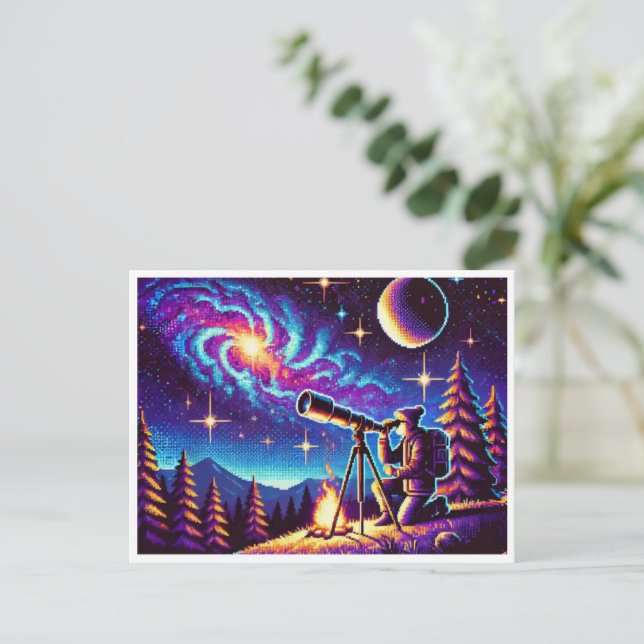 Stargazing Pixel Art-vykort på astronomdagen Helg Vykort (Stående Fram)