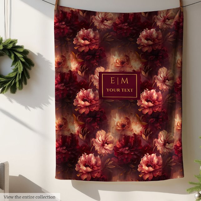Stark  Blommigt för Burgundy Guld-vattenfärg Fleecefilt (Stunning Blush Burgundy Gold Floral Watercolor Fleece Blanket )
