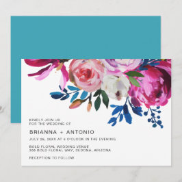 Stark Bright Teal Rosa Blommigt Modern Bröllop Inbjudningar
