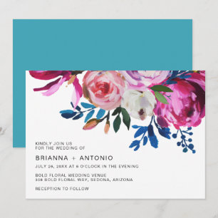 Stark Bright Teal Rosa Blommigt Modern Bröllop Inbjudningar