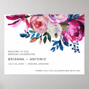 Stark Bright Teal Rosa Blommigt Modern Bröllop Poster
