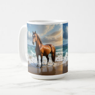 Stark brun häst på stranden. kaffemugg