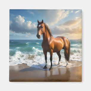 Stark brun häst på stranden. magnet