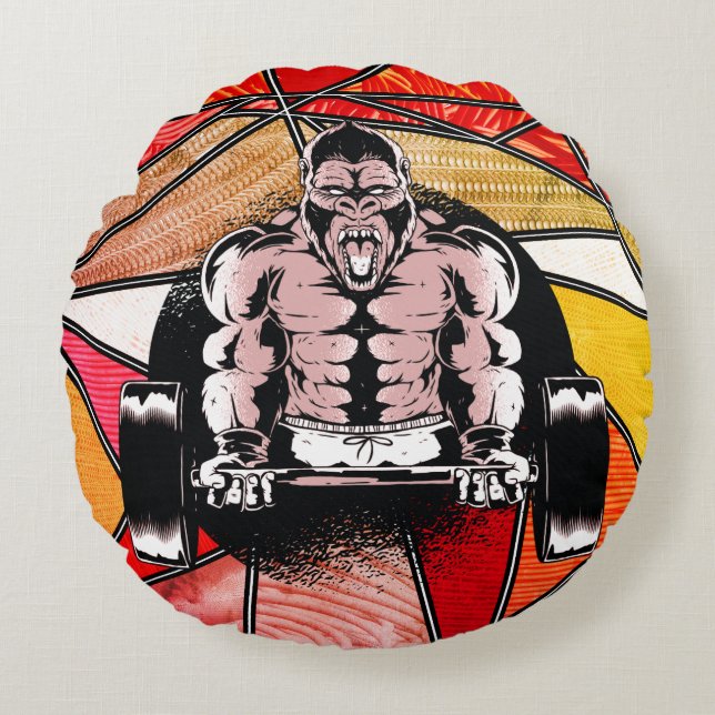 Stark Gorilla pumpar muskler med Barbell Design Rund Kudde (Framsidan)