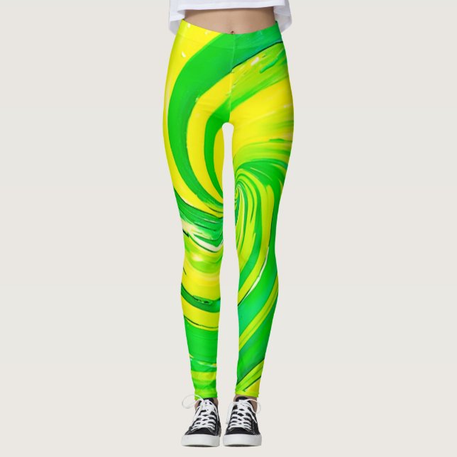 Stark Grönt och Gult Swirl Art Leggings (Framsida)