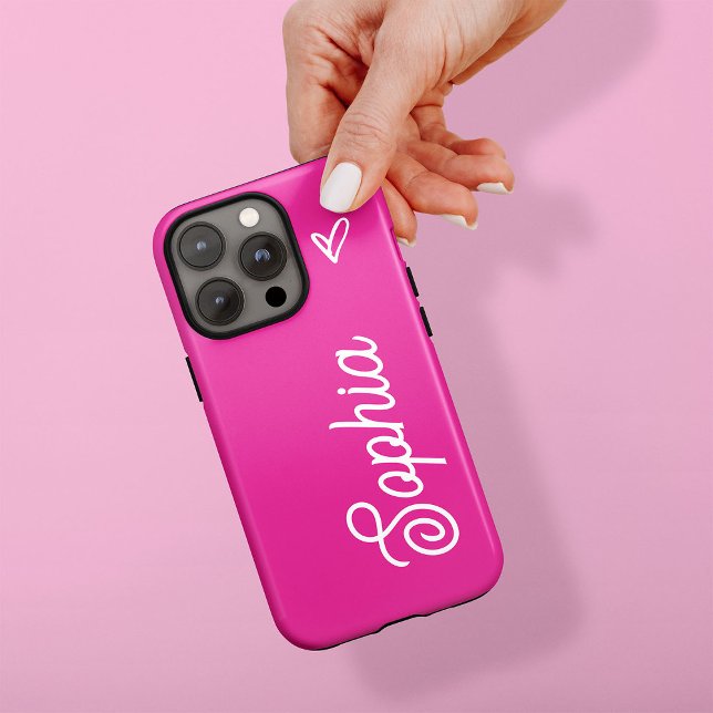 Stark Shock rosa | Ditt namn i skript med hjärta (A colorful, feminine phone case in vibrant hot pink, with your name in trendy script and a heart)