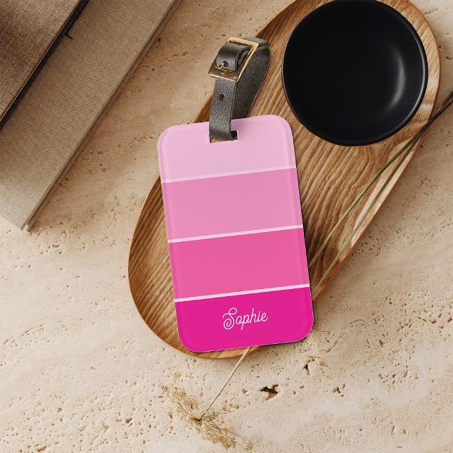 Stark Shock rosa | Ombre Rand med skript Bagagebricka (A girly pink ombre striped luggage tag with your name in script)