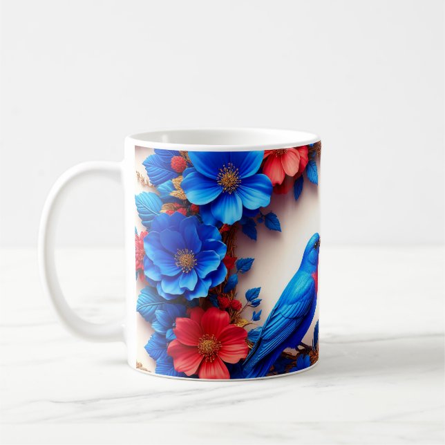 Starka Bluebirds som är kvar bland färgade blommor Kaffemugg (Vänster)