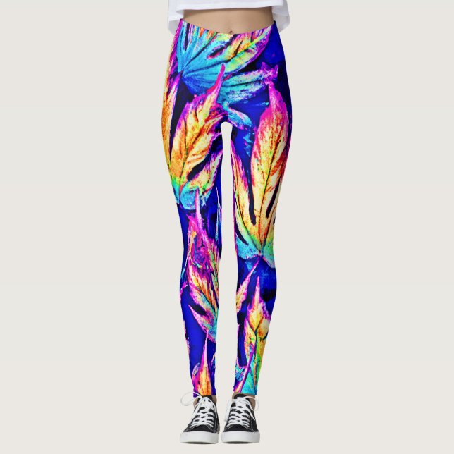 Starka färgstarka Löv Mönster Leggings (Framsida)