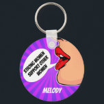 Starka kvinnor stöder varandra Anpassningsbar femi Nyckelring<br><div class="desc">Den här feministiska nyckelkedjan i vintagen har det vackra röda läpparna hos en retro-popkonsflicka på en coola lila rosa sunburst. Pratbubblan visar starkt kvinnostöd till andra kvinnor. Beställ dina kvinnliga vänner och rollmodeller och anpassa med ditt namn.</div>