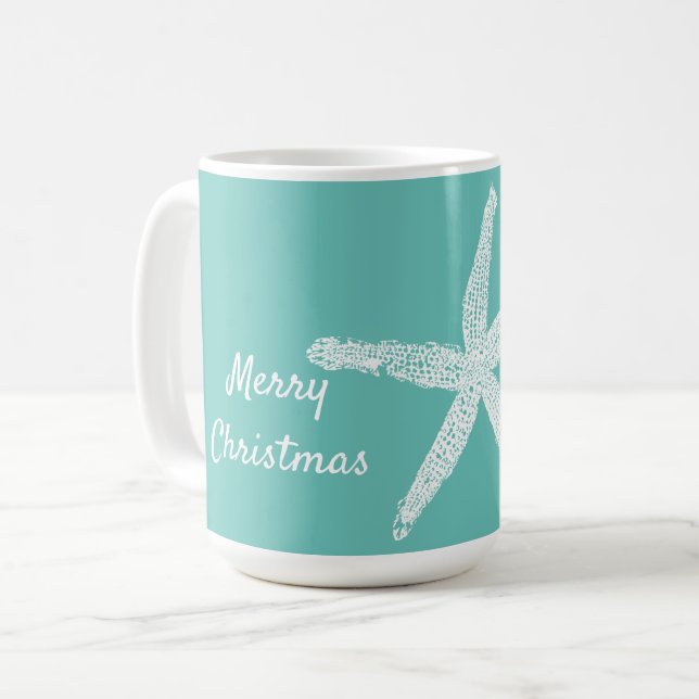 Stärkelsefiskar Mönster Teal White Beach God jul Kaffemugg (Framsida vänster)