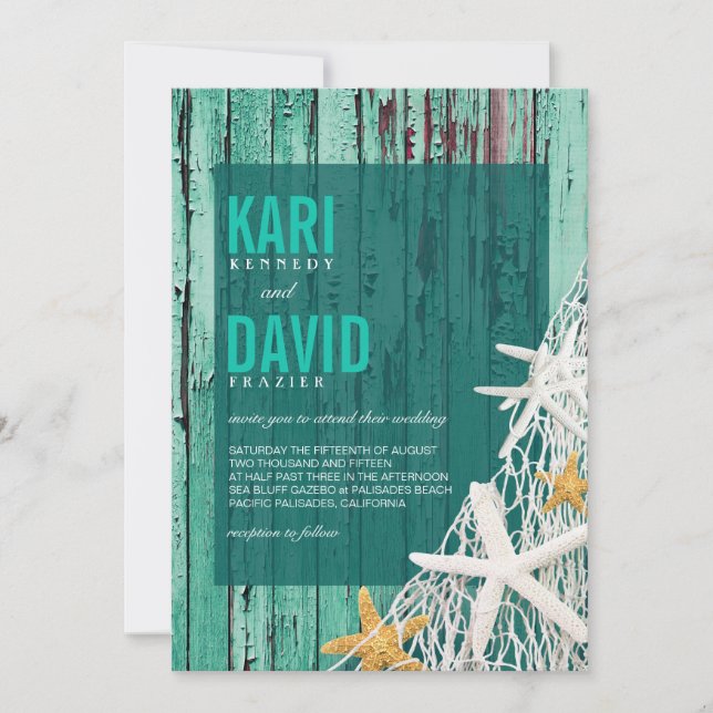 Stärkelsefisknät, Beach Wood Bröllop| Vattenbruk Inbjudningar (Framsida)