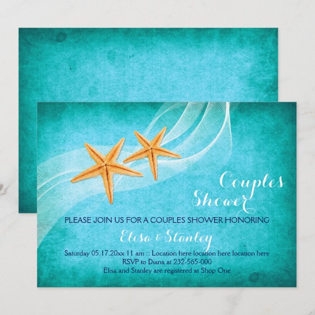 Stärkelturkos, par dusch på strandbröllop inbjudningar (Fram/baksida)