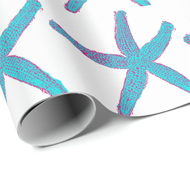 Stärkfisk Mönster Teal Rosa Vit Beach jul Presentpapper (Rullad Hörn)