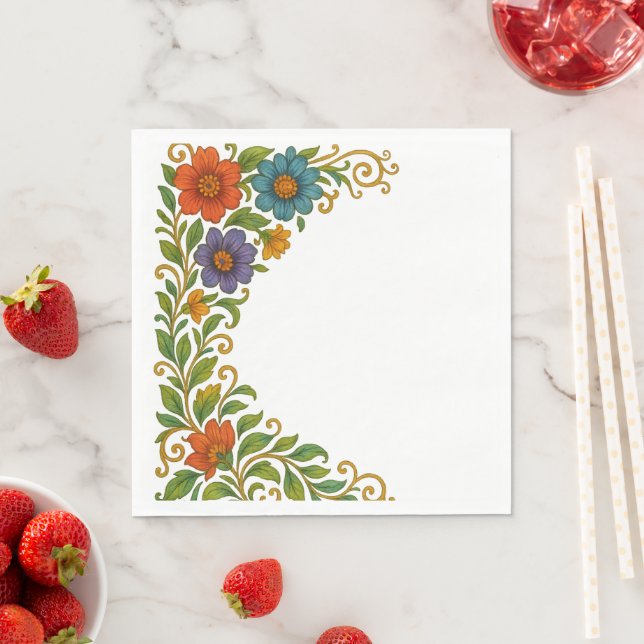 Starkt färgstark Blommigt Hörnmarginal Pappersservett (Insitu)