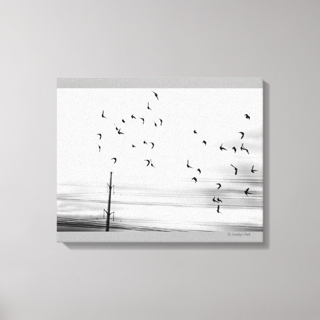 Starling Birds som flyger av Hydro Wires Stark Sce Canvastryck (Framsida)