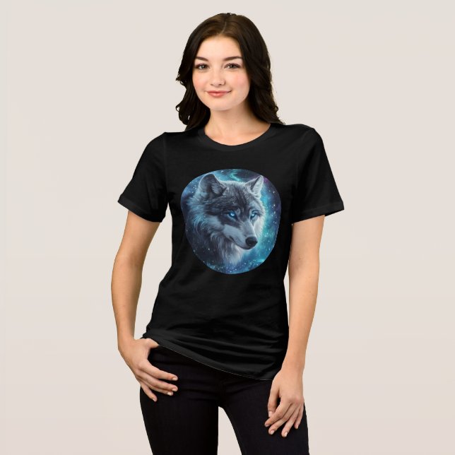 Starlit Blue-Eyed Wolf Galaxy Print T Shirt (Framsida Full)