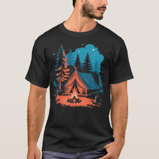 Starlit Camping Tent Campfire And Pine Trees Adven T Shirt
