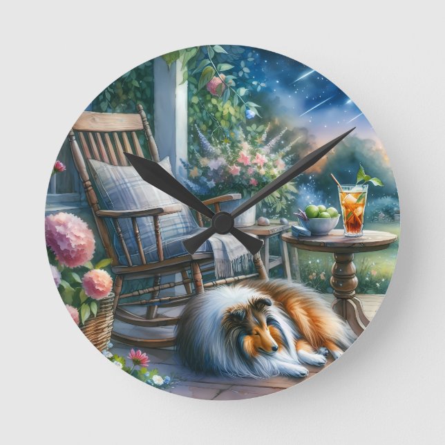 Starlit Garden Porch Sheltie Dream Rund Klocka (Framsida)