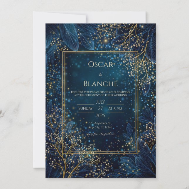 Starlit Navy Gold Botanical Wedding Inbjudningar (Framsida)
