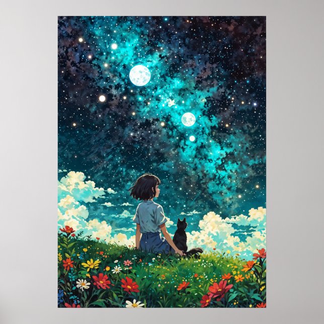 Starlit Reverie - A girl and her cat sit together  Poster (Framsidan)