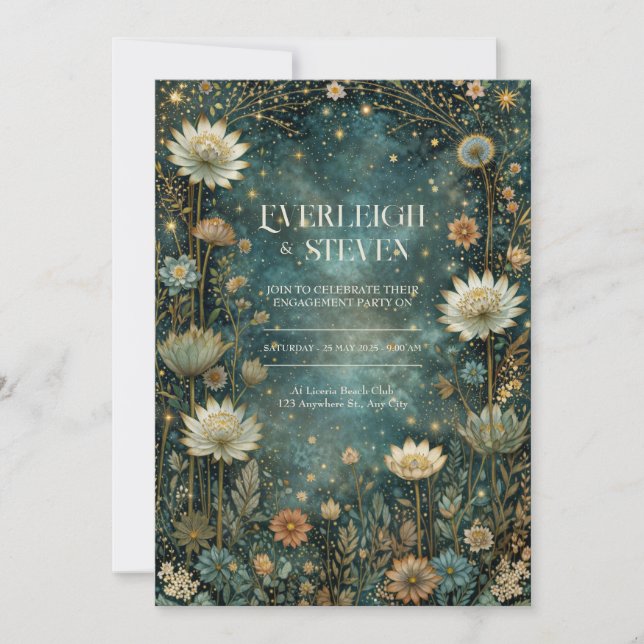 Starlit Teal Celestial Astrantia Wedding Inbjudningar (Framsida)