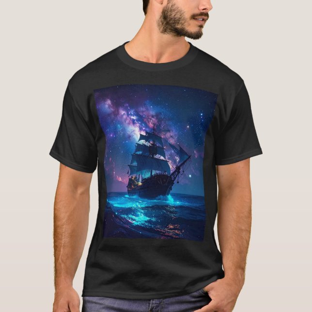 Starlit Voyage – Sailing Through a Cosmic Sea T Shirt (Framsida)