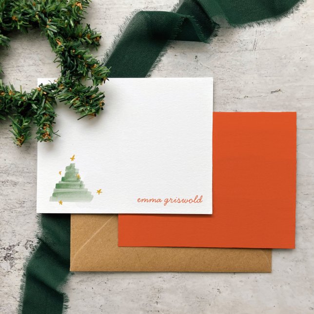 Starlit Watercolor Julgran Helgdag Anteckningskort (Watercolor Christmas tree personalized note cards set.)