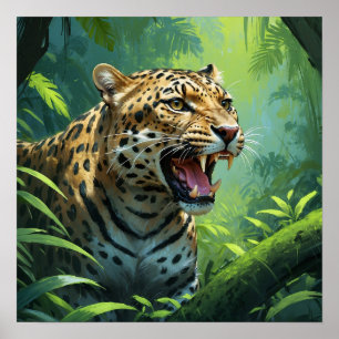 Starning Roaring Leopard Painting Wildlife Poster