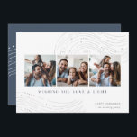Starred Tidings | 3 Fotokollage Hanukah-kort Julkort<br><div class="desc">Skicka Hanukkah hälsning i chic stil med den här eleganten och de moderna fotosamlingskorten med tre kvadratiska foton som är placerade sida vid sida och som är adorerade med linjerabriker överst och grund. "Wishing You Kärlek and Light" visas under modern skrift, med din "Lycklig Hanukkah" och din familj namn i...</div>