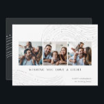 Starred Tidings | 3 Fotokollage Hanukah-kort Julkort<br><div class="desc">Skicka Hanukkah hälsning i chic stil med den här eleganten och de moderna fotosamlingskorten med tre kvadratiska foton som är placerade sida vid sida och som är adorerade med linjerabriker överst och grund. "Wishing You Kärlek and Light" visas under modern skrift, med din "Lycklig Hanukkah" och din familj namn i...</div>