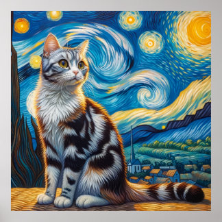 Starry American Bobtail Cat Porträtt Poster