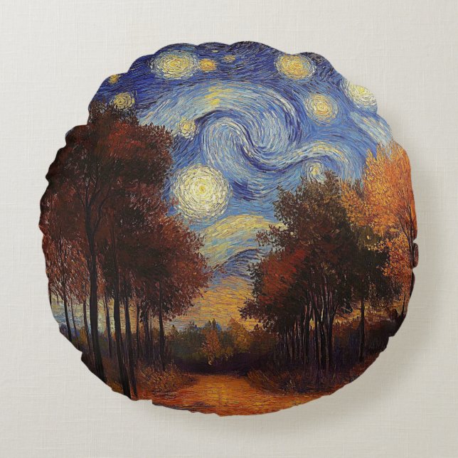 Starry Autumn Forest – Artistic Round Pillow Rund Kudde (Framsidan)