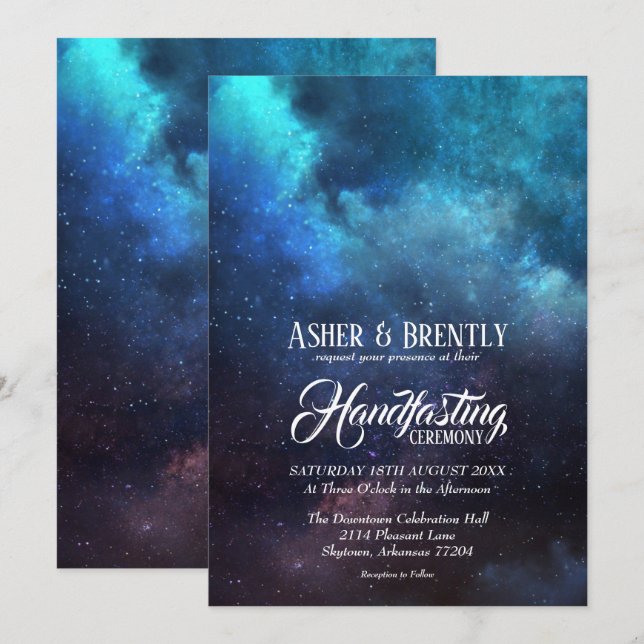 Starry Blue Nebula Modern Wicca Handfasteing Inbjudningar (Fram/baksida)
