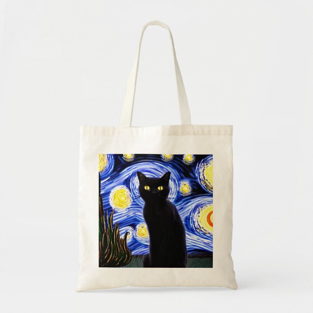 Starry Cat Night Tote Bag Tygkasse (Framsidan)
