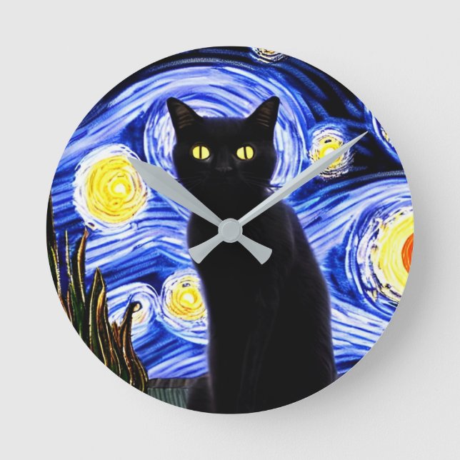 Starry Catty night Round Clock Rund Klocka (Framsida)