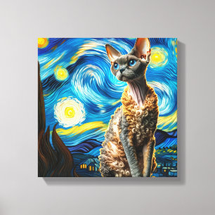 Starry Devon Rex Cat Porträtt - Pet Porträtt Canvastryck