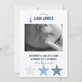 Starry Gingham Baby Boy Birth Announcement Card Meddelande